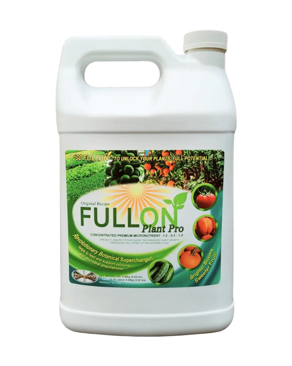 Gallon container of FULLON Plant Pro concentrated premium plant micronutrient with a colorful label on a transparent background