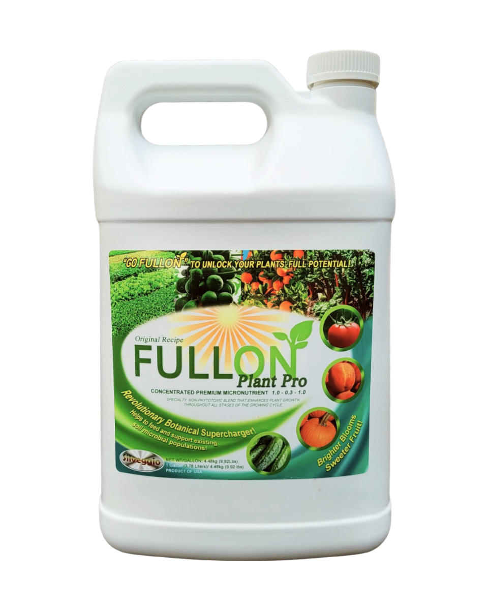 Gallon container of FULLON Plant Pro concentrated premium plant micronutrient with a colorful label on a transparent background