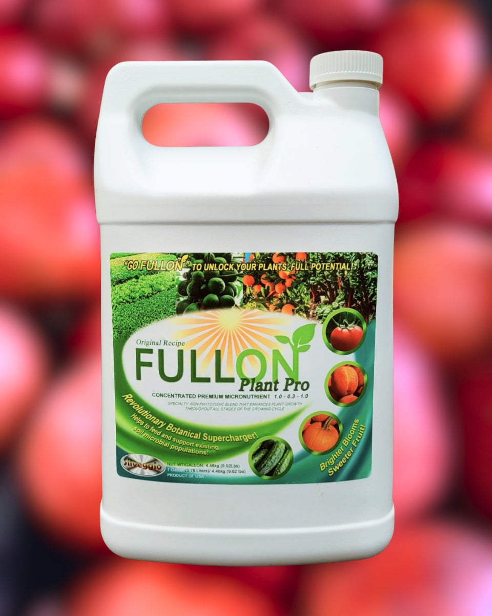 Gallon size FULLON Plant Pro concentrated premium plant micronutrient with a blurred background of pomegranates