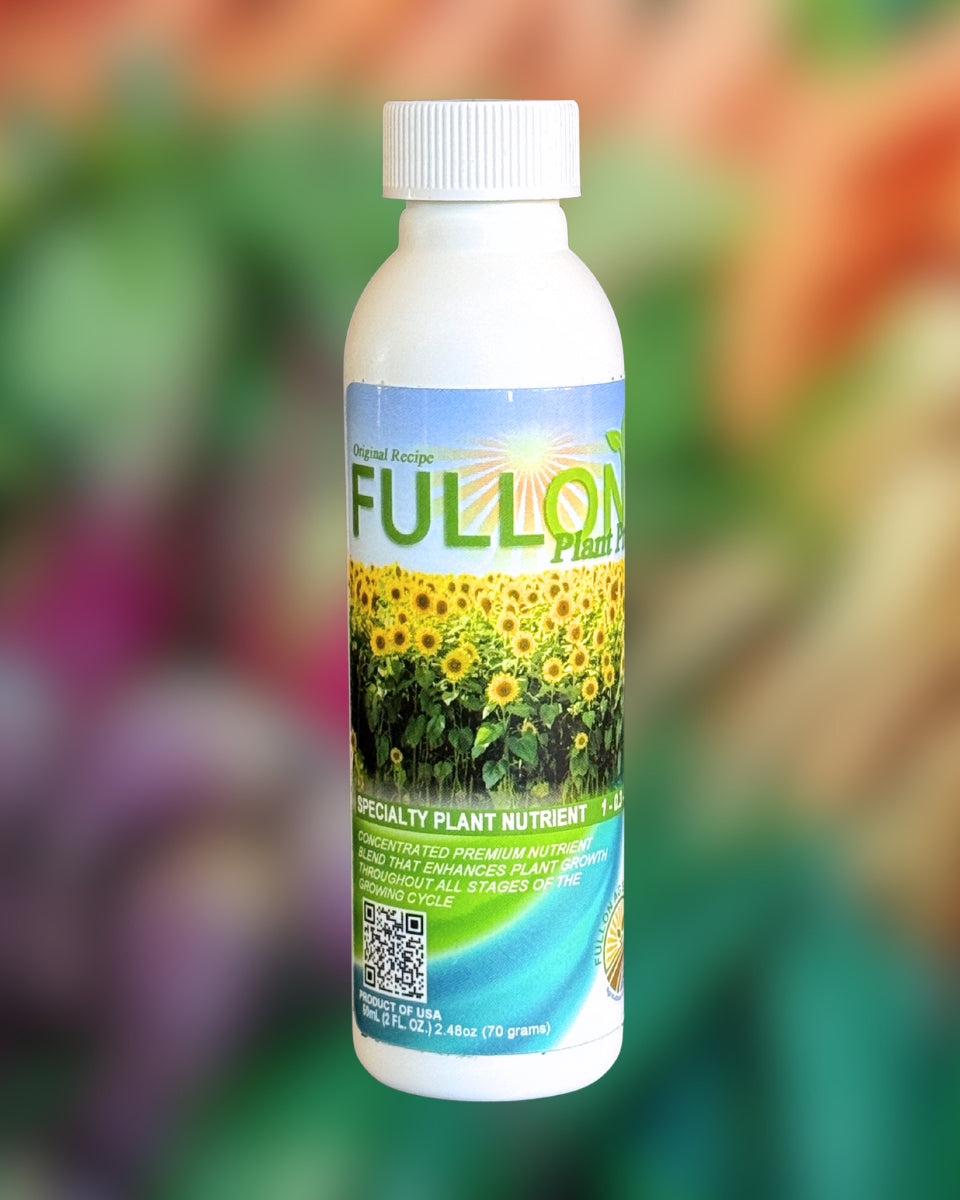 2 ounce bottle of FULLON Plant Pro Specialty Plant Nutrient with a blurred garden background