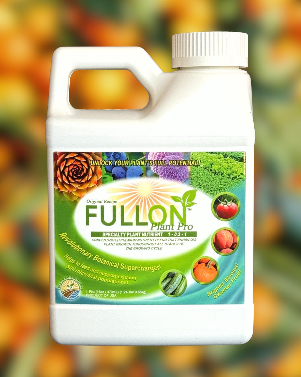 Pint container of FULLON Plant Pro specialty plant nutrient bottle with colorful label on a blurred natural background